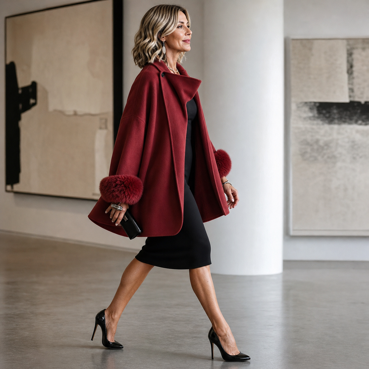 Model striding through a gallery in the open red jacket over a black dress and heels 9