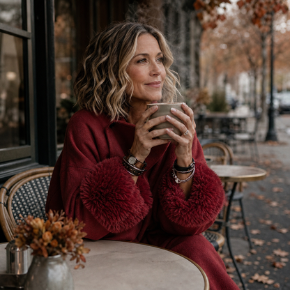 Model in the red jacket holding a hot drink at a café table, fluffy cuffs showing 3