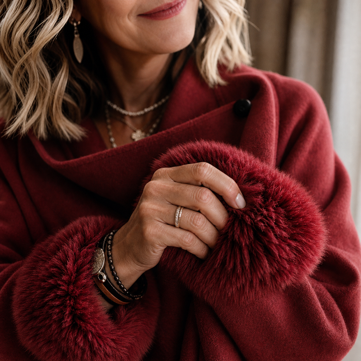 Close-up of the red jacket's folded collar, black button and plush fur cuff held in hand 10