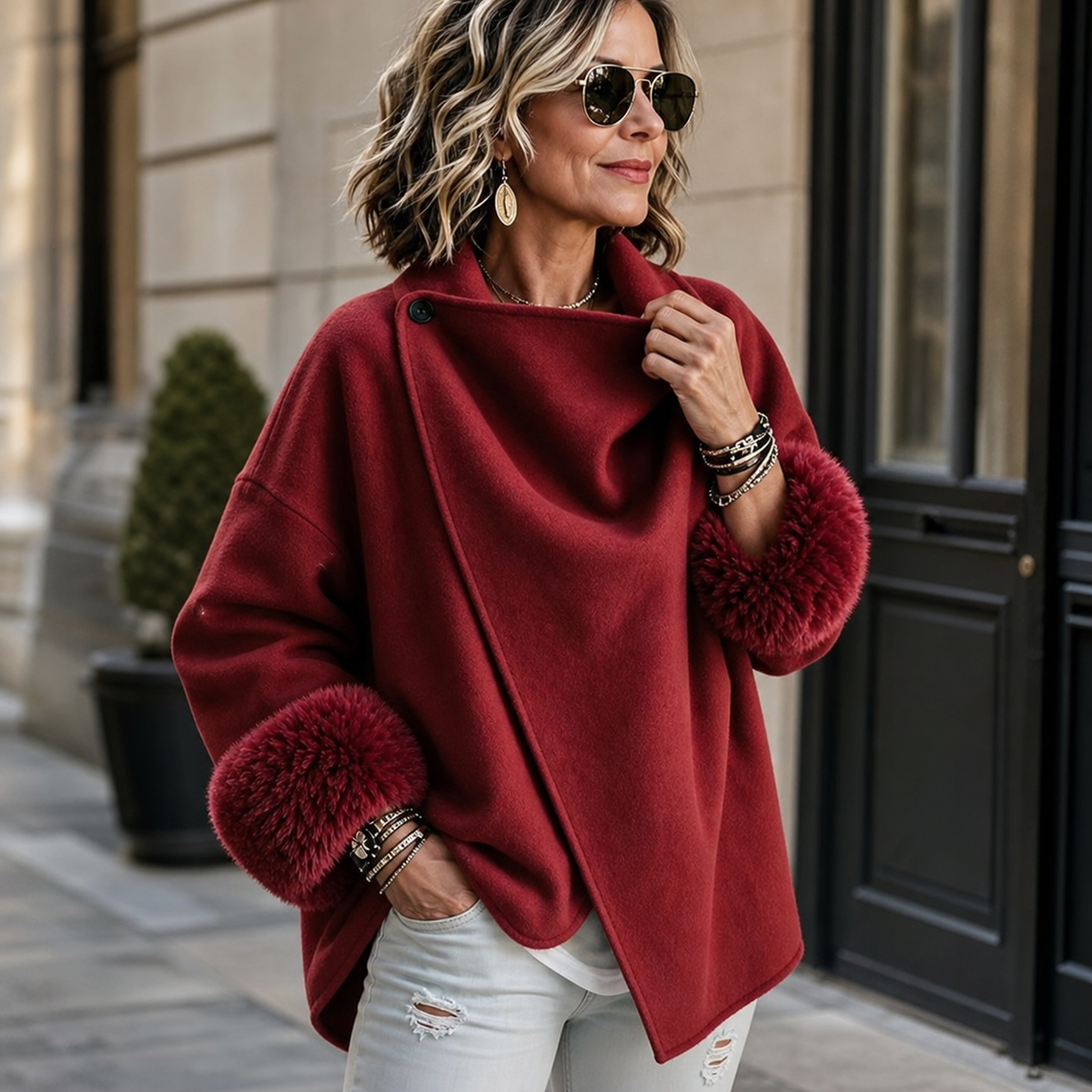 Model in the deep red jacket, hand at the draped collar, with matching furry cuffs 2