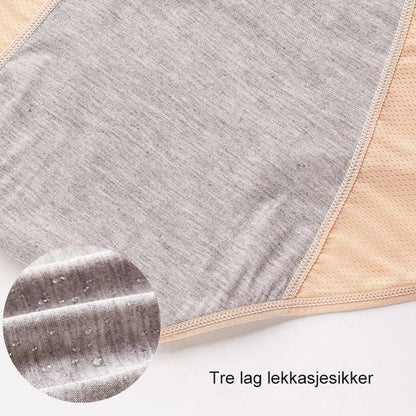 Close-up of the grey absorbent lining panel on beige briefs, with an inset showing water droplets on the fabric. 12