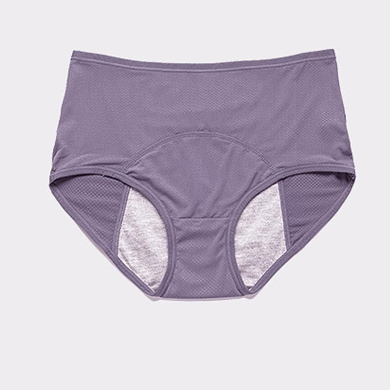 Flat lay of lavender-grey high-waisted briefs with dotted mesh sides and a grey absorbent gusset. 13