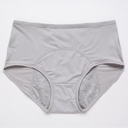 Flat lay of light grey high-waisted briefs with perforated mesh fabric and a grey absorbent gusset lining. 15