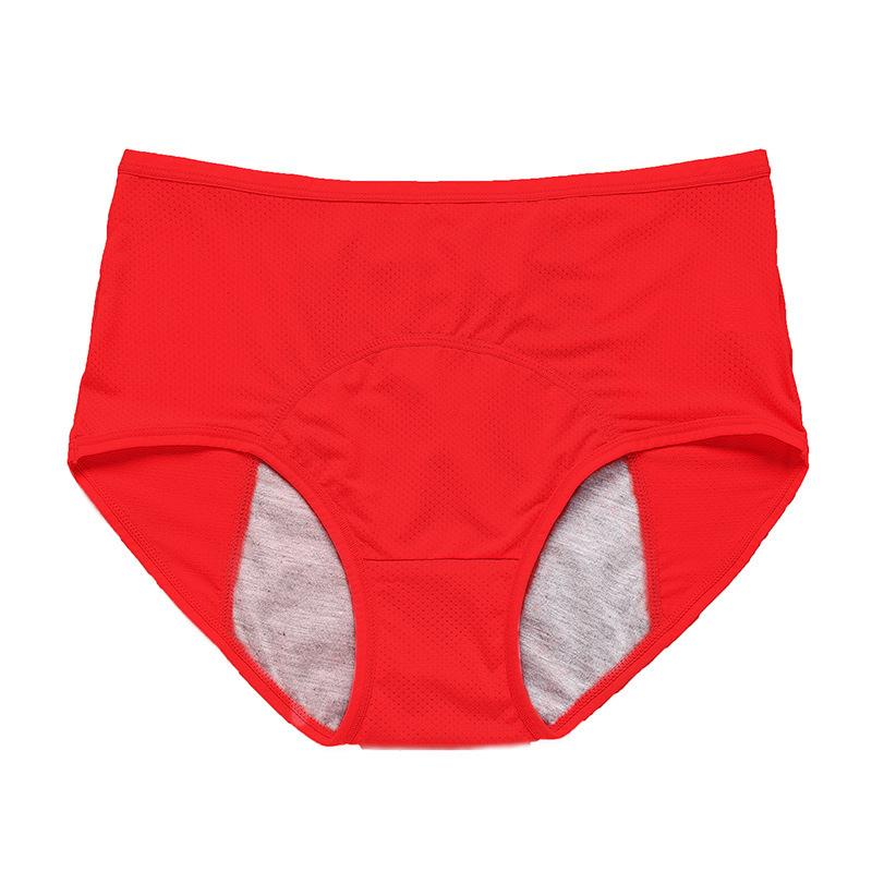 Flat lay of bright red high-waisted briefs with mesh detailing and a grey absorbent gusset lining. 16