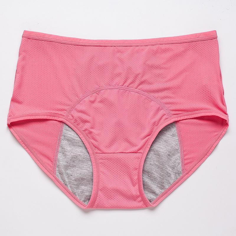 Flat lay of coral-pink high-waisted briefs with perforated mesh fabric and a grey absorbent gusset lining. 17