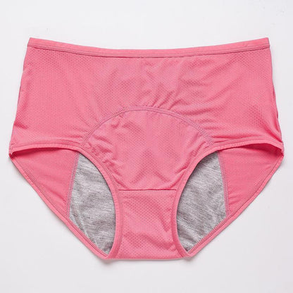 Flat lay of coral-pink high-waisted briefs with perforated mesh fabric and a grey absorbent gusset lining. 17