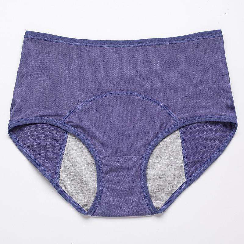 Flat lay of blue-violet high-waisted briefs with mesh side panels and a grey absorbent gusset lining. 18