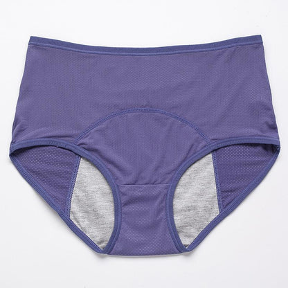 Flat lay of blue-violet high-waisted briefs with mesh side panels and a grey absorbent gusset lining. 18