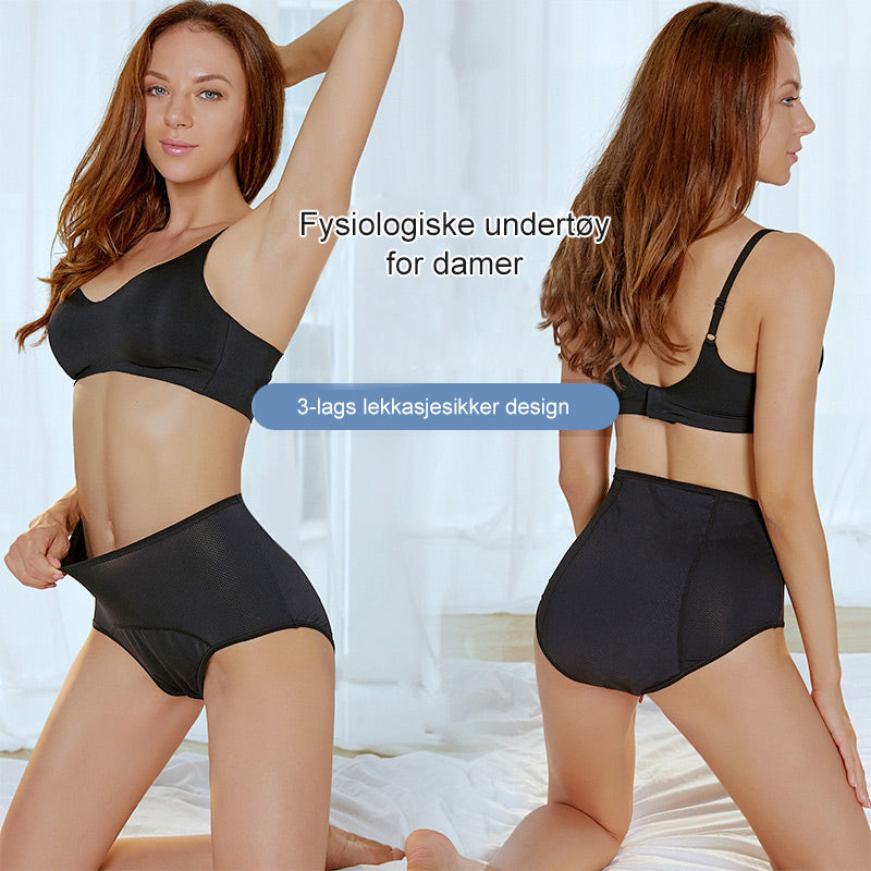 Model in black high-waisted briefs and bra, shown from the front on the left and from the back on the right. 1
