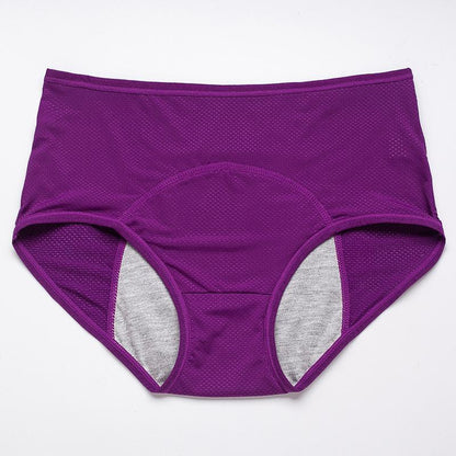 Flat lay of deep purple high-waisted briefs with perforated mesh fabric and a grey absorbent gusset lining. 19