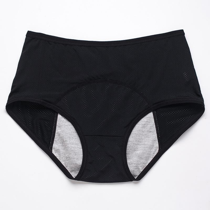 Flat lay of black high-waisted briefs with perforated mesh fabric and a grey absorbent gusset lining. 20