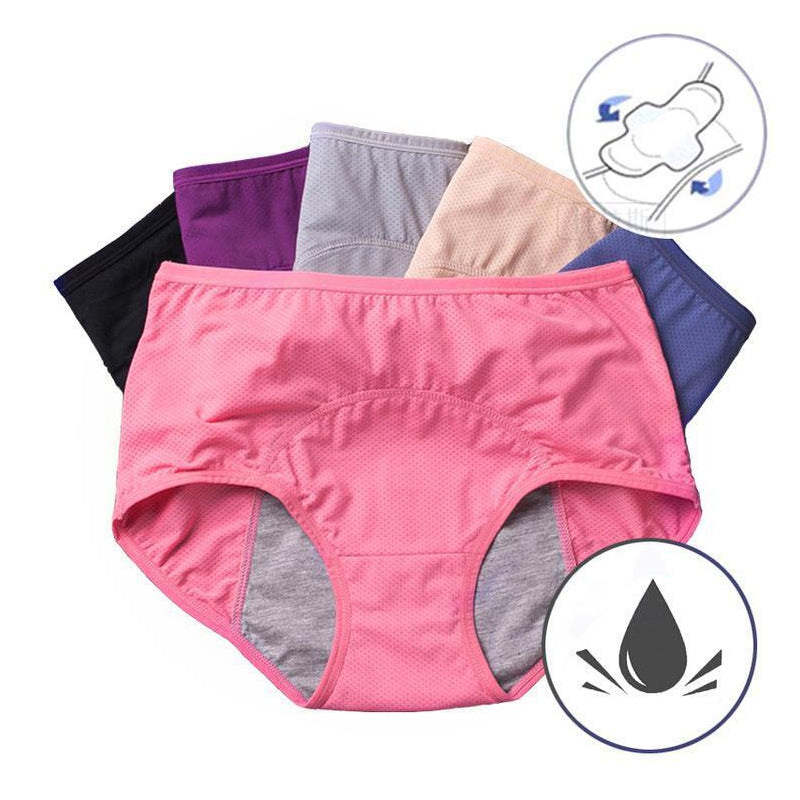Fanned stack of high-waisted mesh-panelled briefs in pink, black, purple, grey, beige and blue, with a water drop icon. 2