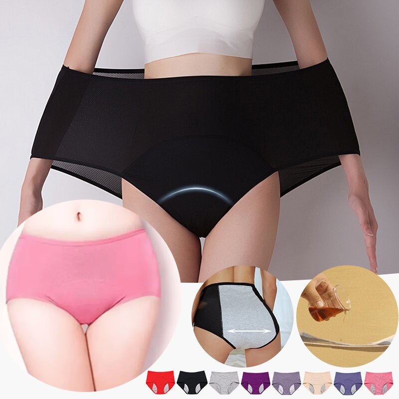 Collage showing a model stretching black briefs wide, a pink pair worn, the grey back panel, a liquid test and eight colours. 4