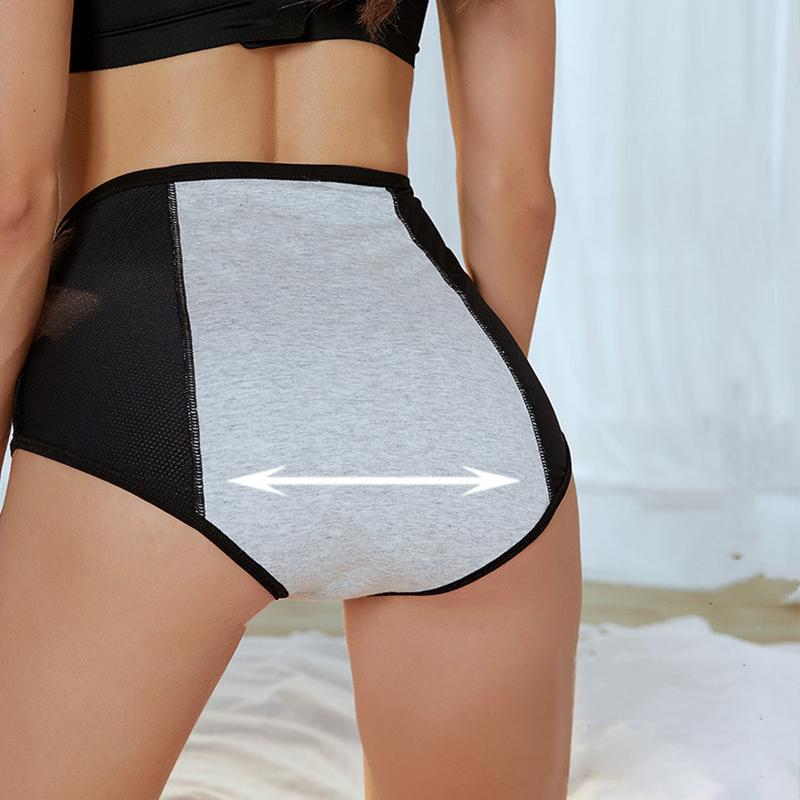 Rear view of black briefs with a stretchy grey cotton back panel and mesh sides, with a double-headed arrow showing elasticity. 7