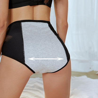 Rear view of black briefs with a stretchy grey cotton back panel and mesh sides, with a double-headed arrow showing elasticity. 7
