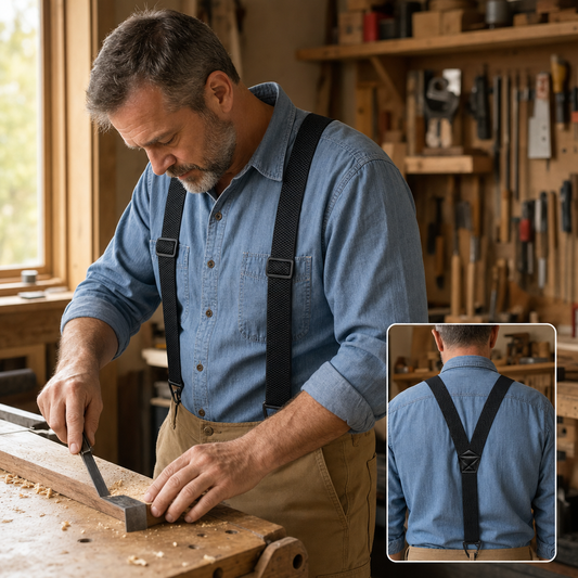 Man in a blue shirt wearing black braces while chiselling in a workshop, with back view inset 1