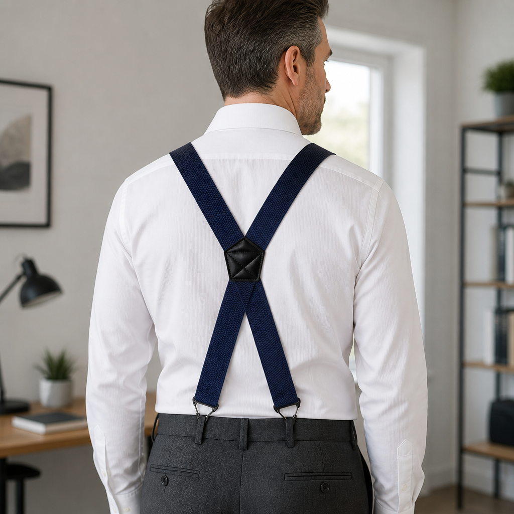 Back view of a man in a white shirt wearing navy X-shape braces clipped to grey trousers 2