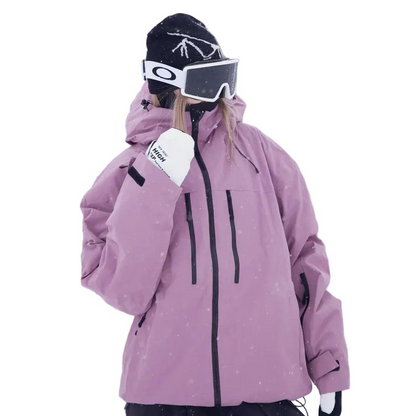 Model in a lilac jacket with the hood up and one hand raised, shown at an angle 2