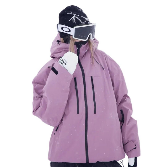 Model in a lilac jacket with the hood up and one hand raised, shown at an angle 2