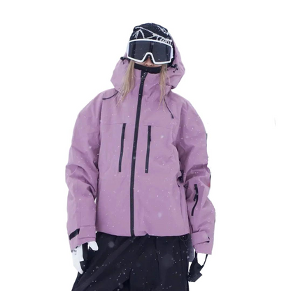 Front view of the lilac jacket worn by a model, showing the two chest zip pockets 4