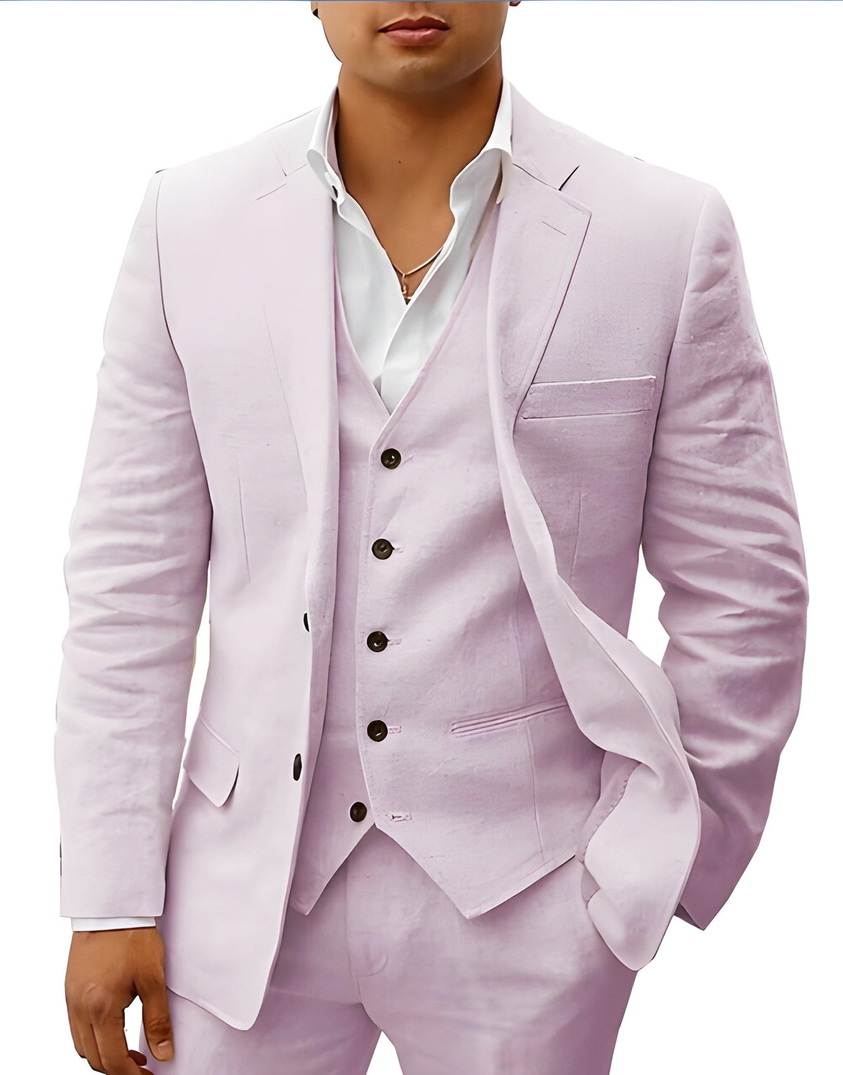 Model wearing the suit in soft lilac pink, jacket open over the vest with a hand in the pocket. 10