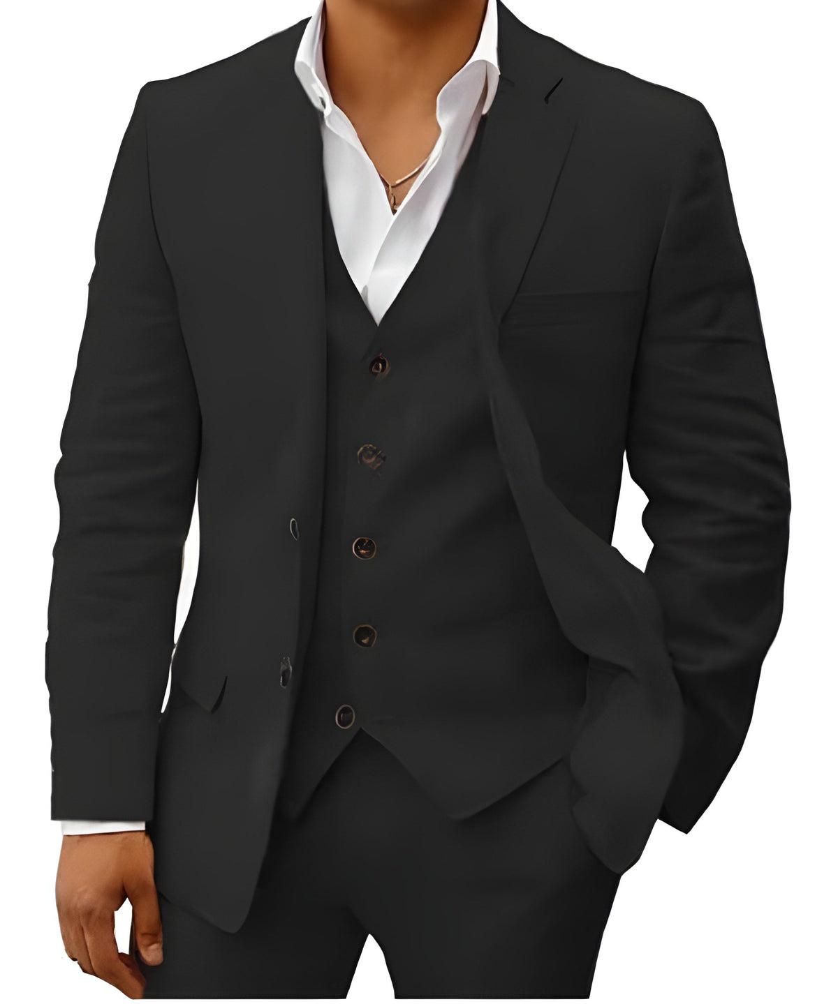 Model wearing the suit in black, with the vest and notch lapel jacket worn over a white open-collar shirt. 11