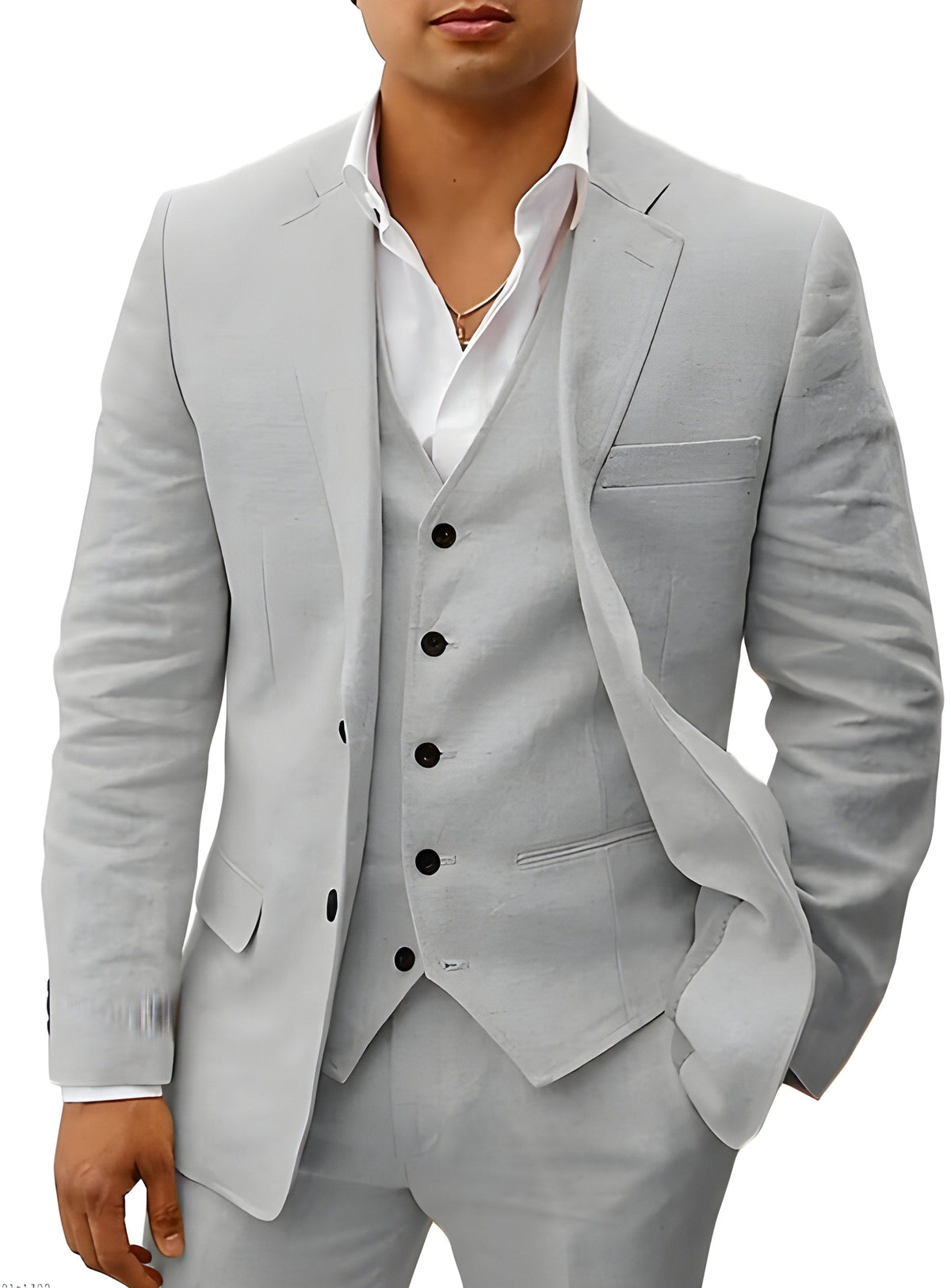 Model wearing the suit in light grey, jacket open to reveal the vest, chest pocket and flap pockets. 13