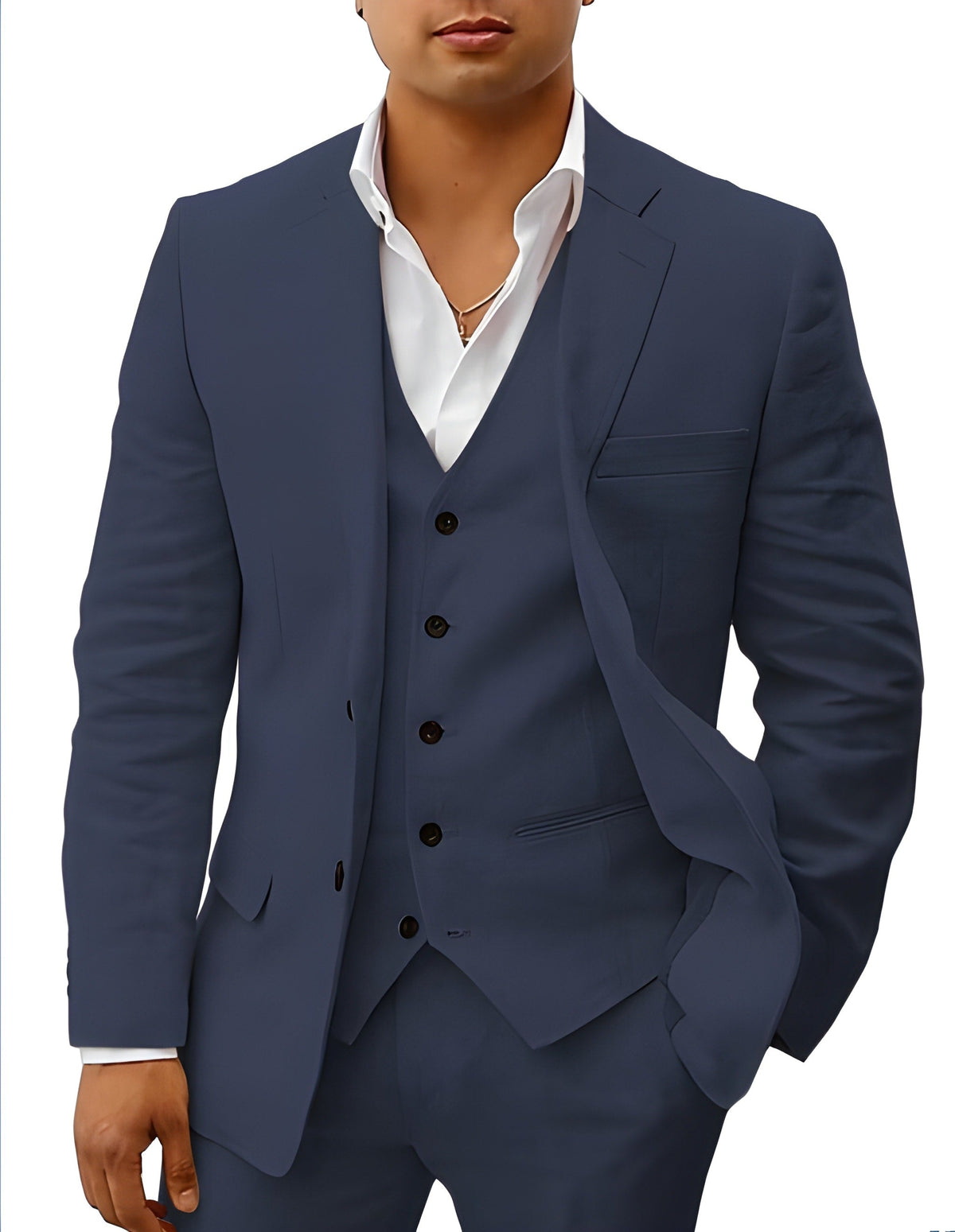 Close front view of the suit in dark navy blue, showing the notch lapel, vest buttons and chest pocket. 6
