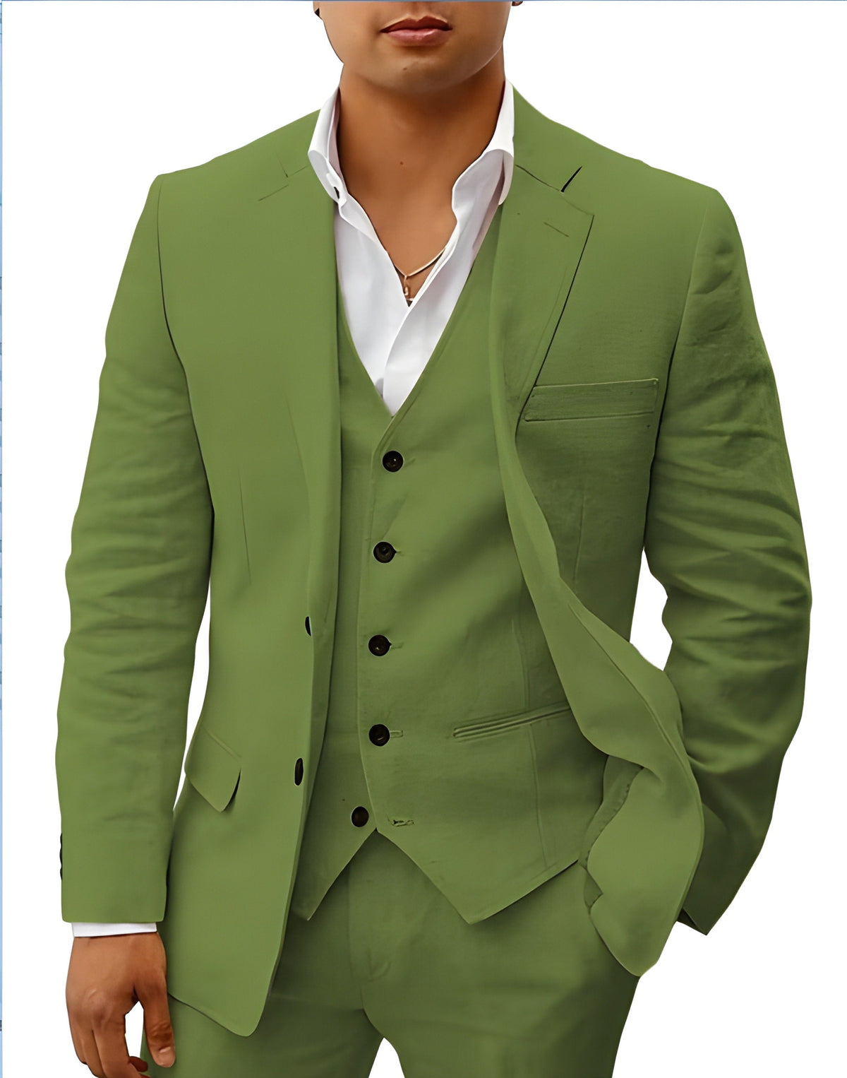 Close front view of the suit in olive green, showing the notch lapel, flap pocket and button-front vest. 8