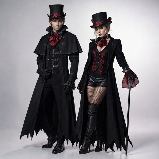 Man and woman in matching vampire costumes with black top hats, red satin cravats and jagged-hem long black coats against a plain backdrop. 1