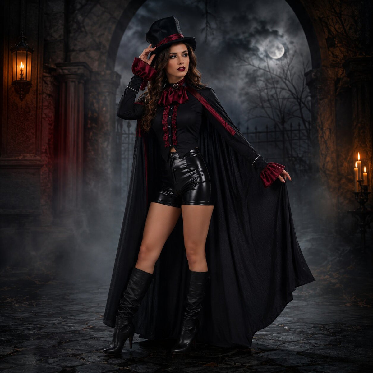 Woman in the cape, frilled blouse and top hat costume posed in a moonlit gothic archway lit by candles and a lantern. 6