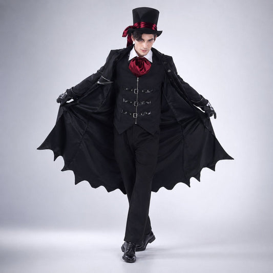 Man in a black top hat, red cravat and buckled waistcoat holding open a long black coat with a bat-wing hem. 2