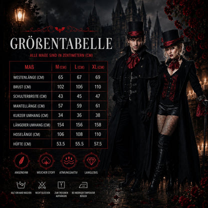 Size chart graphic with a table of measurements in centimetres for sizes M, L and XL, care symbols, and the couple in costume. 8