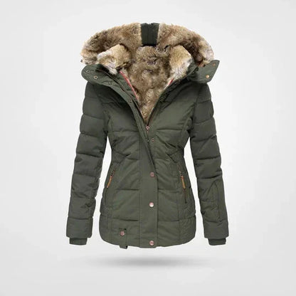 Front view of the quilted hooded jacket in olive green, showing the fluffy fur-lined hood, press studs and zip pockets. 2