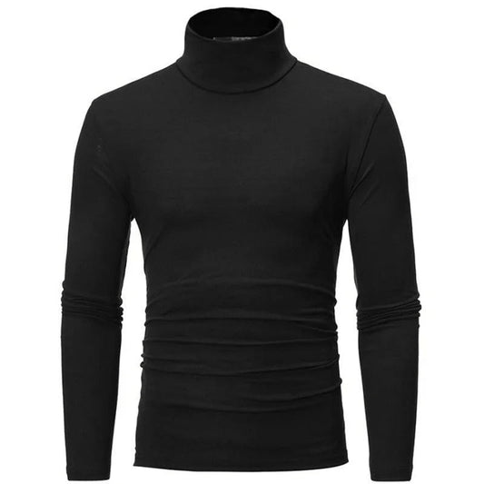 Front view of the long-sleeved high neck top in black on a plain background 1