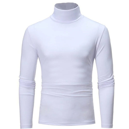 Front view of the long-sleeved high neck top in white on a plain background 2