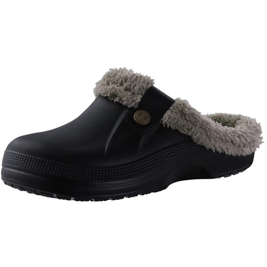 Black waterproof clog with grey fleece lining and a buttoned strap, seen from the front three-quarter angle 1