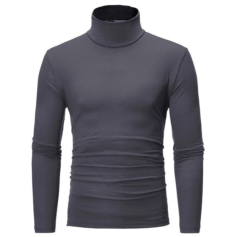 Front view of the long-sleeved high neck top in dark grey on a plain background 3