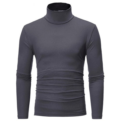 Front view of the long-sleeved high neck top in dark grey on a plain background 3