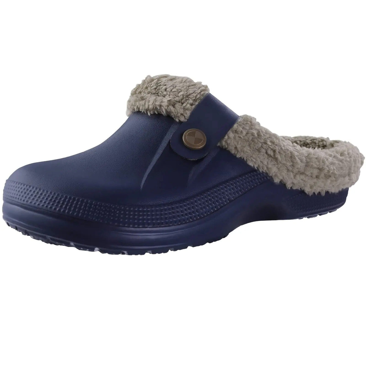 Navy blue clog with light grey fleece collar and a studded strap, shown at a three-quarter angle 3