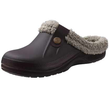 Dark brown clog with grey fleece lining and a matching strap, viewed from the front three-quarter 4