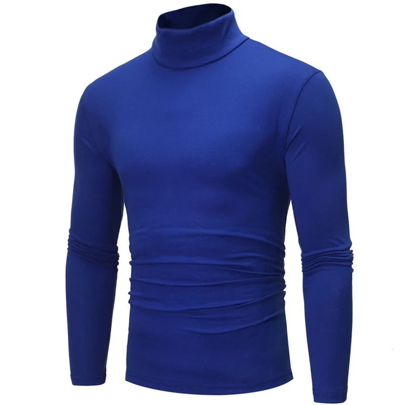Front view of the long-sleeved high neck top in bright royal blue on a plain background 5