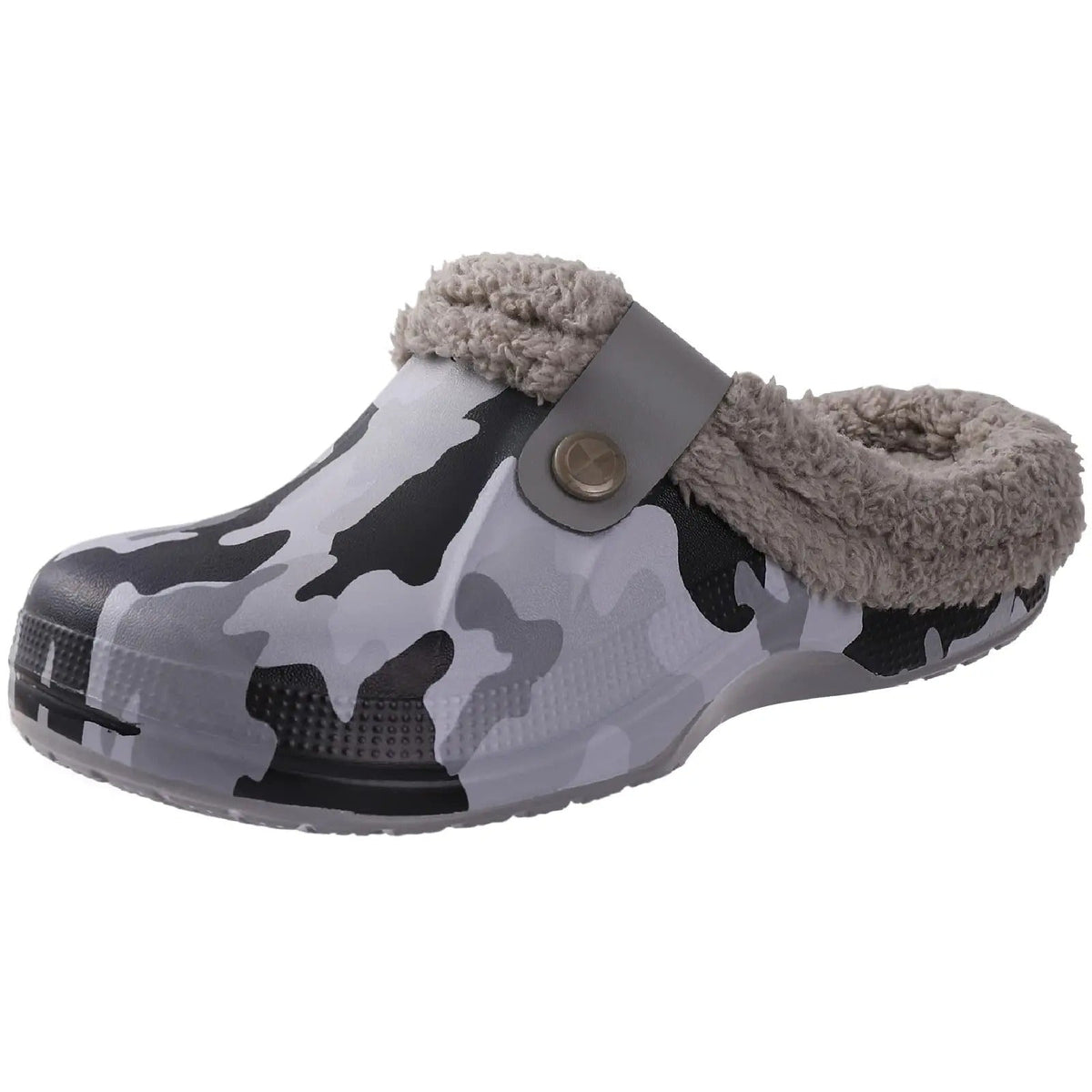 Camouflage-print clog in grey and black tones with fleece lining and a grey buttoned strap 5