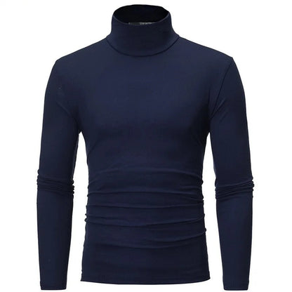 Front view of the long-sleeved high neck top in navy blue on a plain background 6