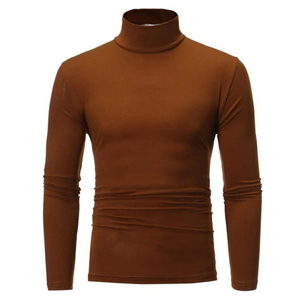 Front view of the long-sleeved high neck top in rust brown on a plain background 7