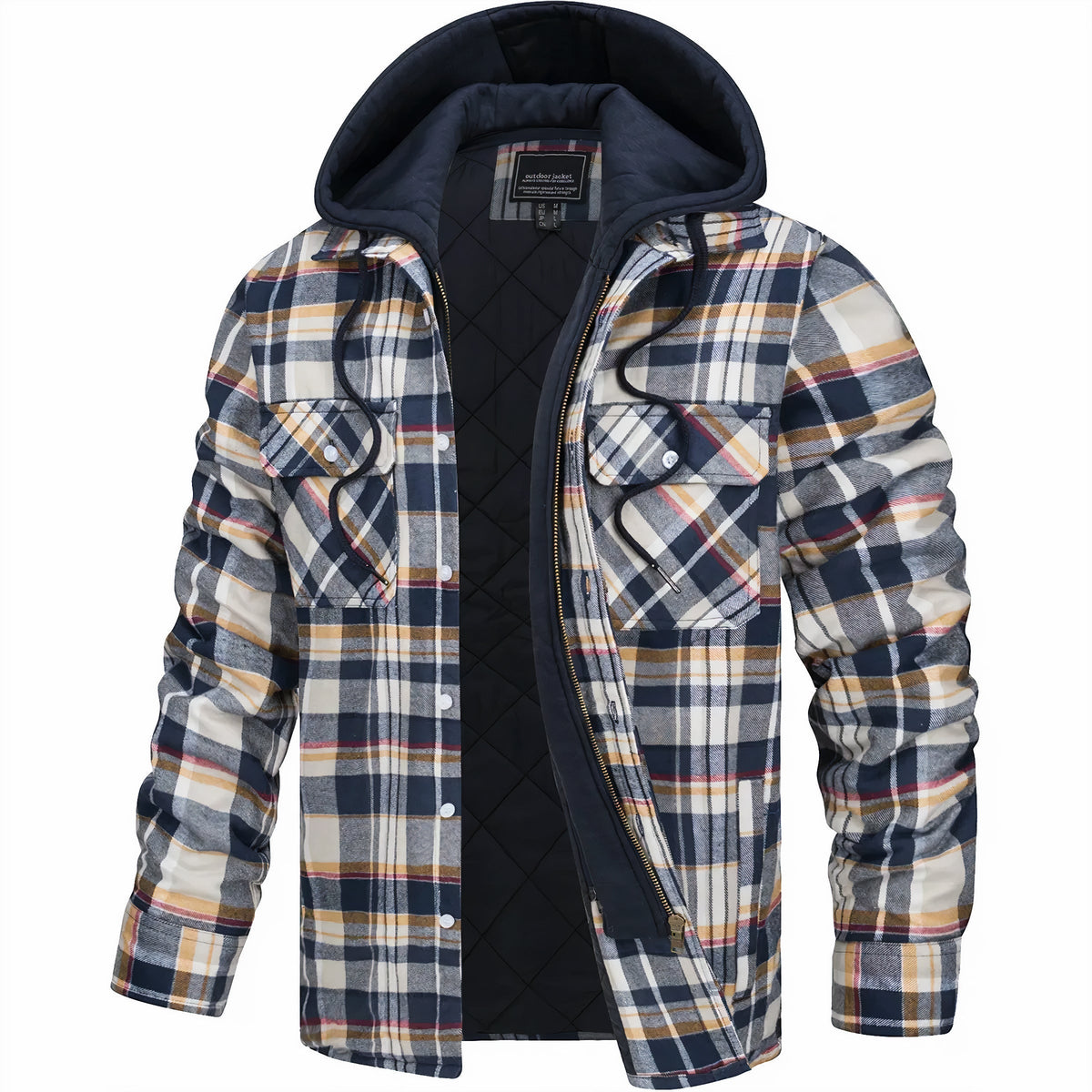 Hooded jacket in navy, cream and mustard check with thin red lines, front unzipped 6