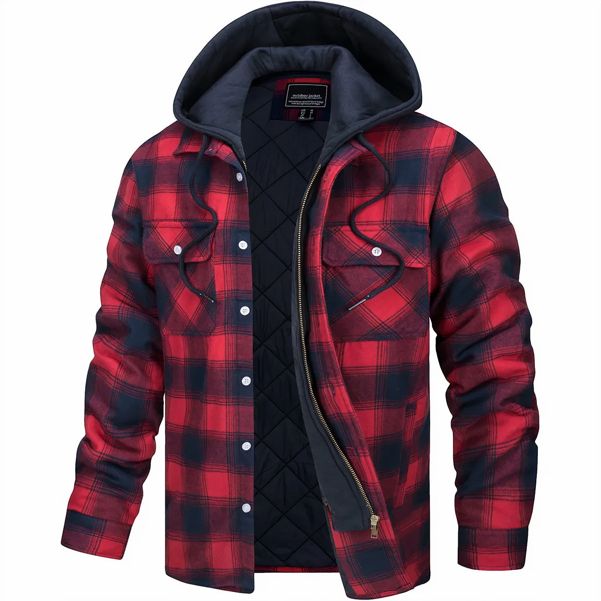Hooded jacket in red and navy check, unzipped to show the black quilted lining 1