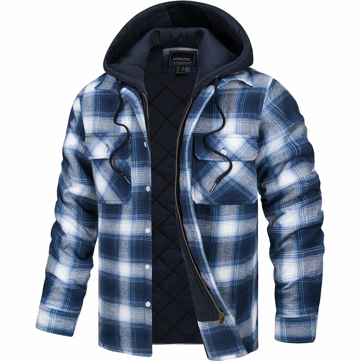 Hooded jacket in navy, light blue and white check, open to reveal quilted lining 2