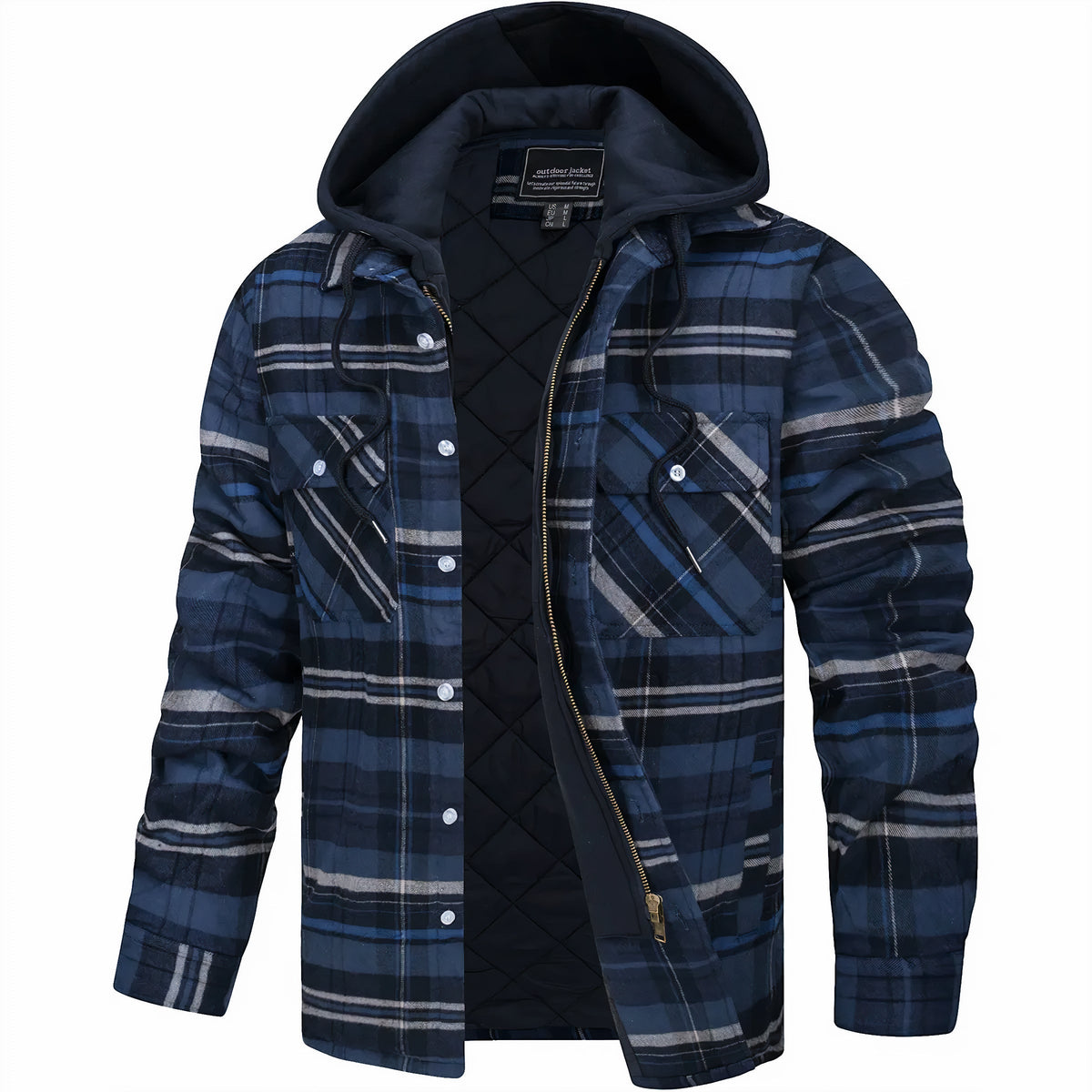 Hooded jacket in dark navy check with grey stripes, zip open and drawstring hood 5
