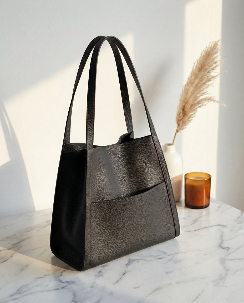 Black leather tote with a front pocket standing on a marble surface, with pampas grass in a vase and an amber candle behind. 8